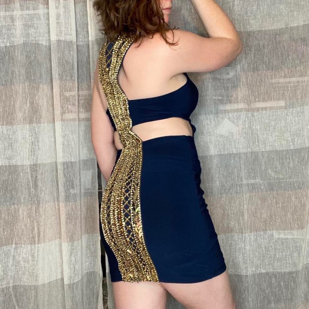 Modern Alyce Paris Navy/Gold Beaded Cutout Sleeveless Cocktail Dress, Size 6.